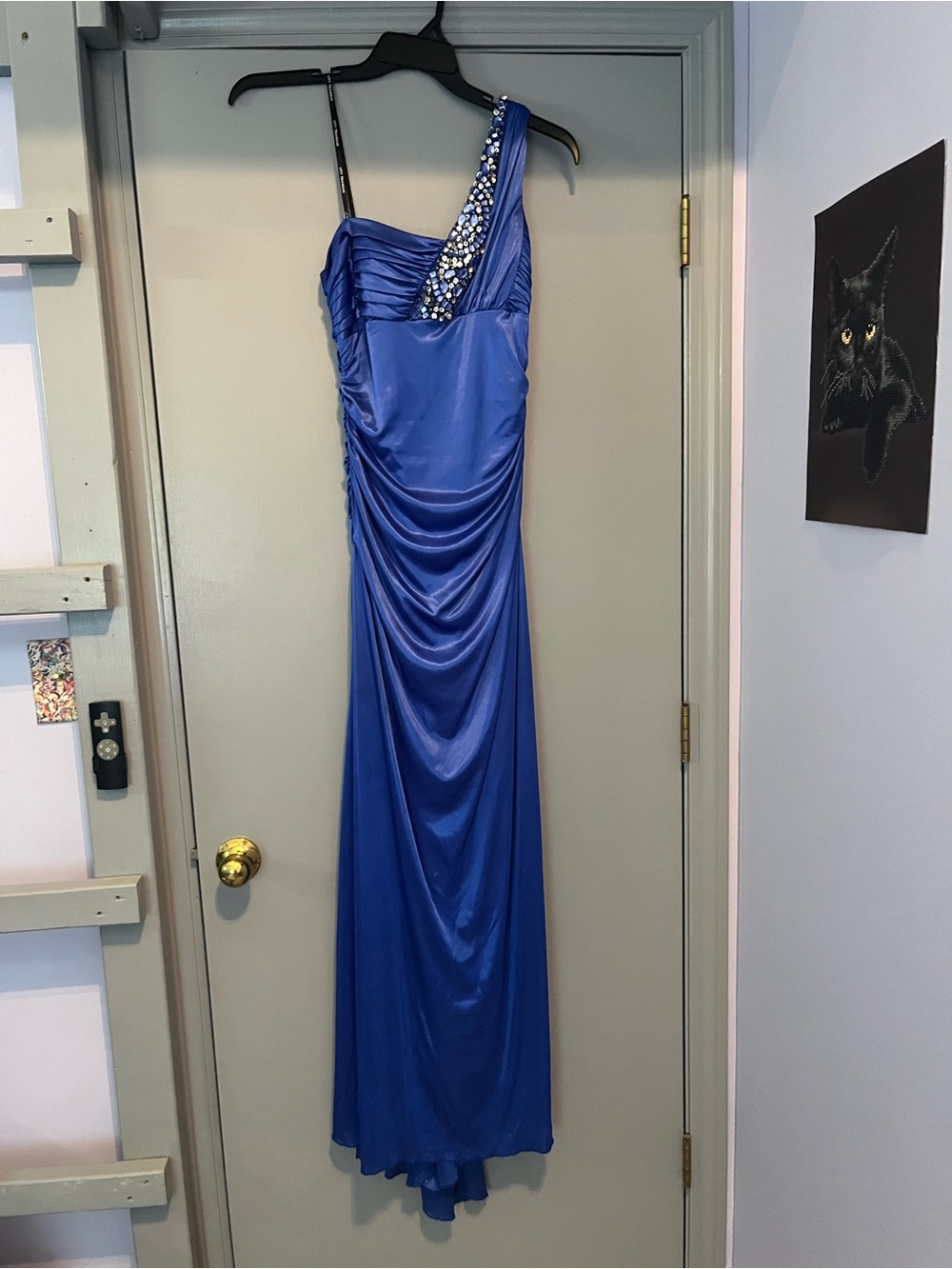 City Triangles One-Shoulder Royal Blue Evening Dress with Beaded Strap